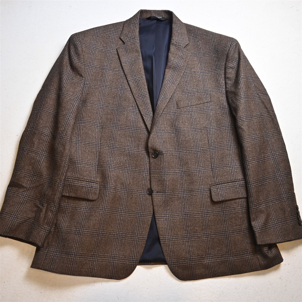 Jos A Bank 48R Brown Plaid 100% Wool Traveler Mens Blazer Suit Jacket Sport Coat